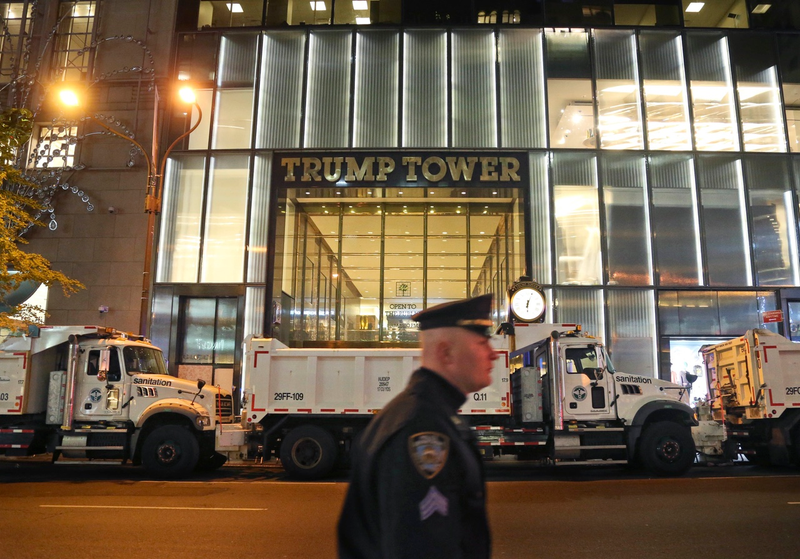 Large sand trucks in front of Trump Tower the night before the Macy’s Thanksgiving Day parade (AP Photo/Seth Wenig, File)